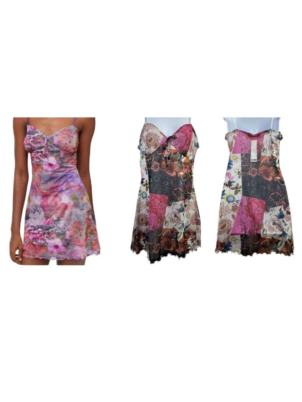 NEW Urban Outfitters Elodie Floral Patchwork Sheer Mini Slip Dress Scalloped Hem